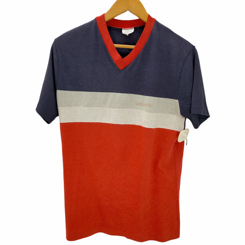 アディダス adidas 80S USA製 白タグ Vネック 切替 ロゴプリント Tシャツ メンズ import:M