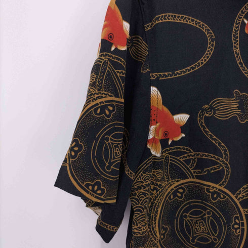 三角タグ レーヨン 金魚 総柄 アロハシャツ 木ボタン メンズ import:L
