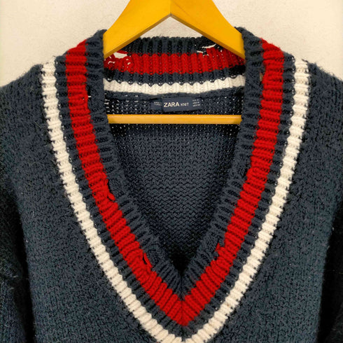ザラ ZARA ダメージ加工 トリコロールカラー Vネックアクリルニット レディース JPN:M