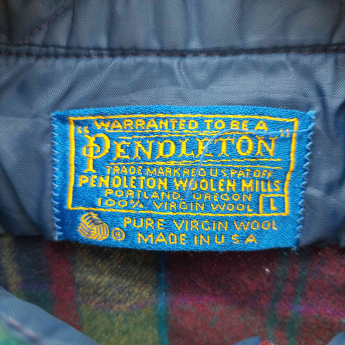 ペンドルトン PENDLETON 70S USA製 襟裏キルティング レザー エルボーパッチ ウール チェック シャツ メンズ import:L