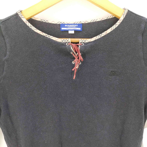 バーバリーロンドンブルーレーベル BURBERRY LONDON BLUE LABEL 七分袖 襟元ノバチェック レザーリボン コットンニットカットソー レディース import:M