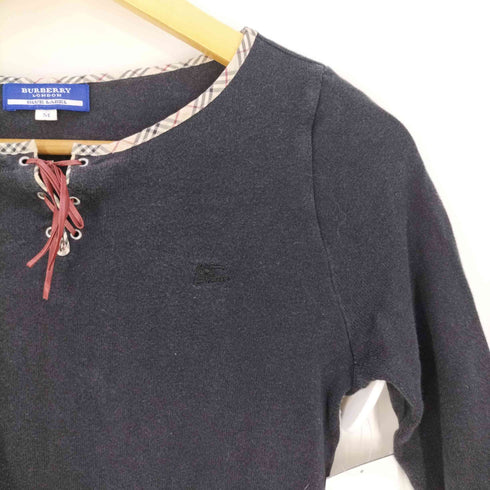 バーバリーロンドンブルーレーベル BURBERRY LONDON BLUE LABEL 七分袖 襟元ノバチェック レザーリボン コットンニットカットソー レディース import:M