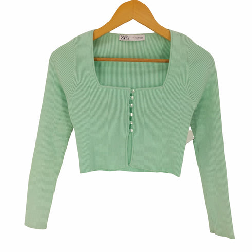 ザラ ZARA Mint Green Ribbed Knit Cropped Cardigan Top レディース JPN:M