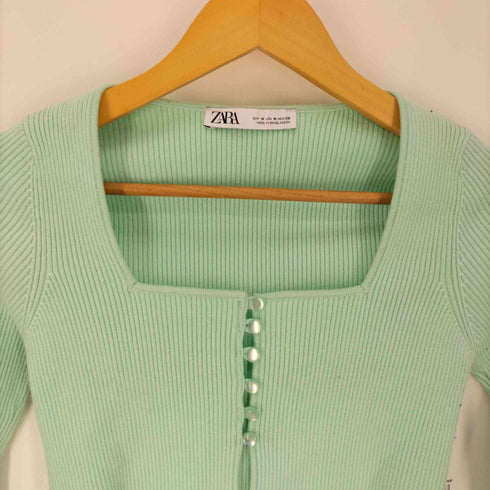 ザラ ZARA Mint Green Ribbed Knit Cropped Cardigan Top レディース JPN:M