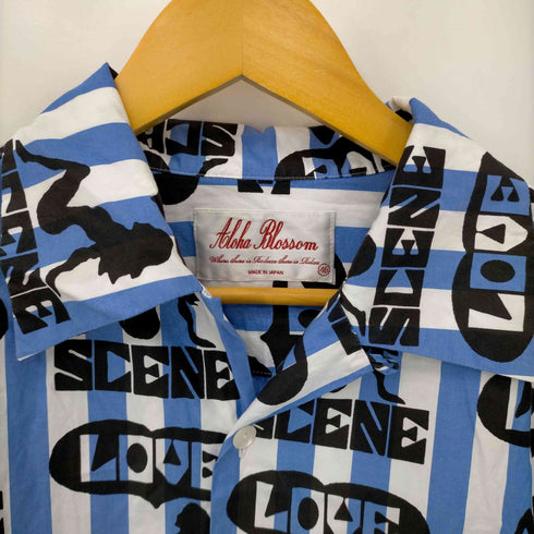 アロハブロッサム Aloha Blossom LOVE SCENE BLUE×WHITE STRIPE 総柄ストライプオープンカラーシャツ メンズ JPN:46