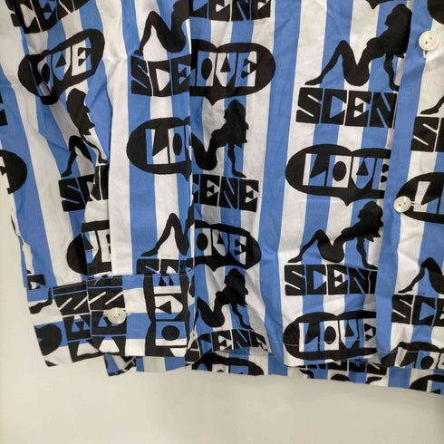 アロハブロッサム Aloha Blossom LOVE SCENE BLUE×WHITE STRIPE 総柄ストライプオープンカラーシャツ メンズ JPN:46