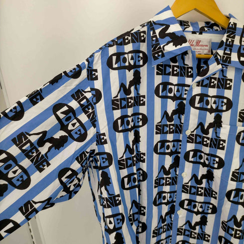アロハブロッサム Aloha Blossom LOVE SCENE BLUE×WHITE STRIPE 総柄ストライプオープンカラーシャツ メンズ JPN:46