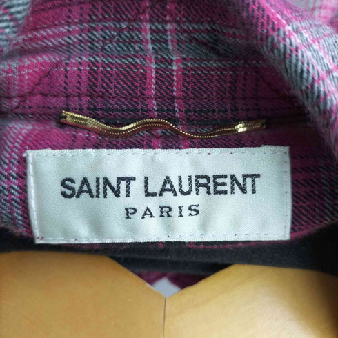 サンローランパリ SAINT LAURENT PARIS 16SS シープレザー切替 スタッズ カットオフチェックネルシャツ メンズ import:M