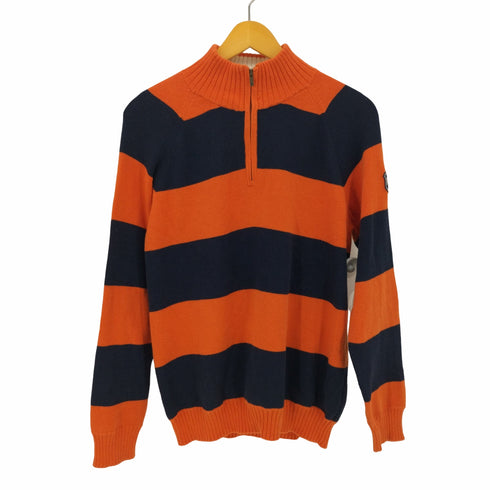 エディーバウアー Eddie Bauer ボーダー 袖ワッペン ハーフジップ ハイネック コットンニット メンズ import:M
