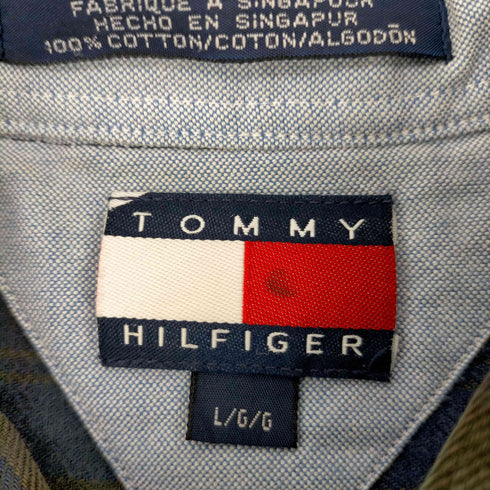 トミーヒルフィガー TOMMY HILFIGER 90s フラッグタグ シンガポール製 エンブレム刺繍 ブラックウォッチ ボタンダウンシャツ メンズ import:L