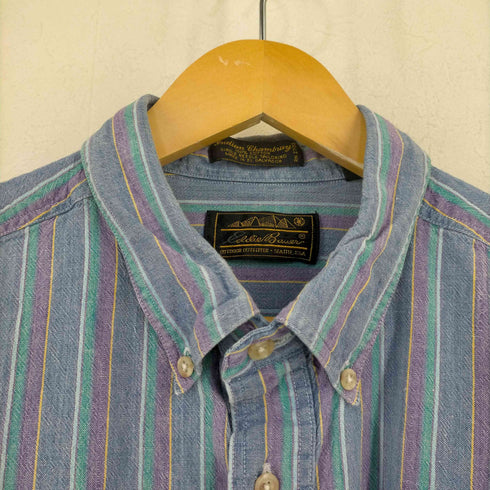 エディーバウアー Eddie Bauer 黒タグ後期 インディアンシャンブレー ストライプ BDシャツ メンズ import:XL