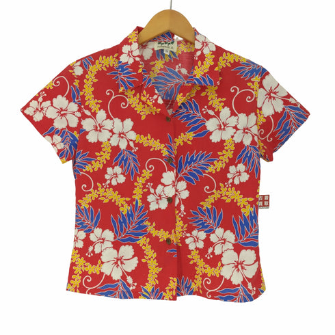 HAWAII I.D. ハワイ製 ハイビスカス 花柄 開襟 アロハ シャツ レディース import:S