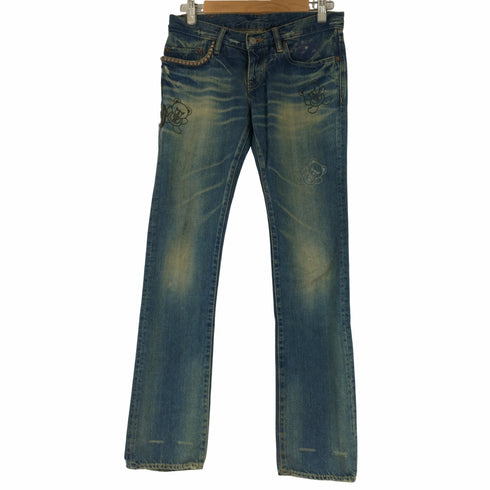 ヒステリックグラマー HYSTERIC GLAMOUR カウレザーパッチ スタッズ ボタンフライストレート ローライズデニムパンツ ヒスベア ファックベア メンズ JPN:S