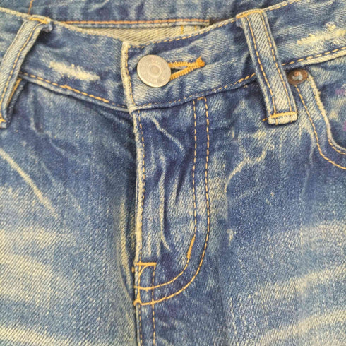 ヒステリックグラマー HYSTERIC GLAMOUR カウレザーパッチ スタッズ ボタンフライストレート ローライズデニムパンツ ヒスベア ファックベア メンズ JPN:S