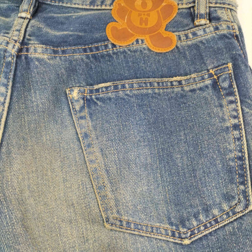 ヒステリックグラマー HYSTERIC GLAMOUR カウレザーパッチ スタッズ ボタンフライストレート ローライズデニムパンツ ヒスベア ファックベア メンズ JPN:S