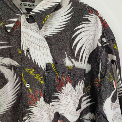 ONE VERSE CRANE PATTERN NELL L/S SHIRT 【BLACK】 鶴柄 長袖シャツ メンズ JPN:XL