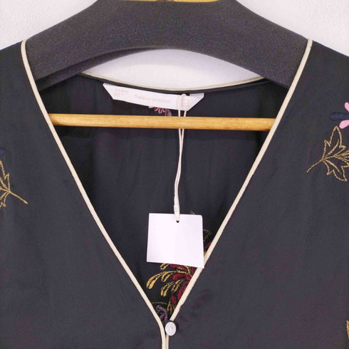 ザラ ZARA 花柄刺繍 サテンロングシャツワンピース レディース US M