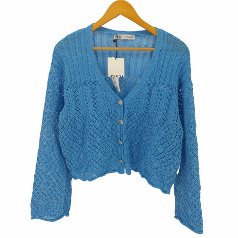 ザラ ZARA Bijou Button Mesh Knit Cardigan ビジュー ボタン メッシュ ニット カーディガン レディース import:M