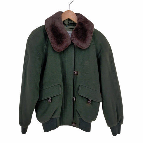 バーバリーズ BURBERRY’S 80-90s 緑タグ 襟ファーフロントロゴ刺繍 メルトンウールブルゾン レディース import:L