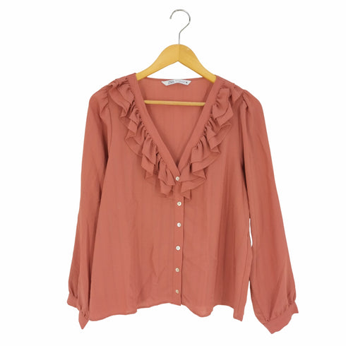 ザラ ZARA ポリレーヨン Vネックフリルブラウス レディース import:M