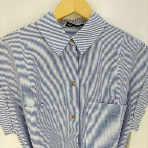ザラ ZARA ウエストベルト フレンチスリーブストライプシャツワンピース レディース import:M