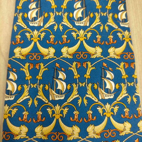 サルヴァトーレフェラガモ Salvatore Ferragamo ヨット柄 シルクネクタイ メンズ