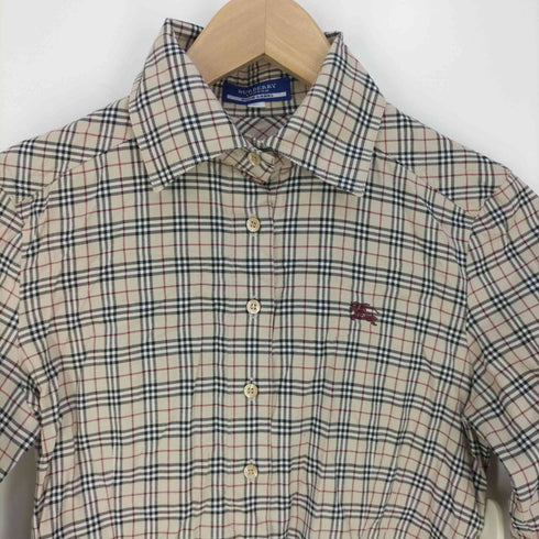 バーバリーロンドンブルーレーベル BURBERRY LONDON BLUE LABEL ロゴ刺繍 ノバチェック ワイドカラーシャツ レディース 36