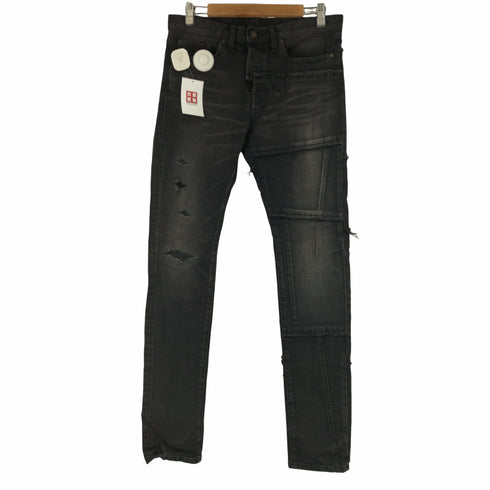 ミハラヤスヒロ MIHARA YASUHIRO ダメージ x ツギハギ パッチワーク ブラックテーパードデニム メンズ JPN:46