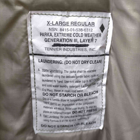 エクワックス GEN3 ECWCS 00S TENNIER INDUSTRIES INC GEN3 LEVEL7 JACKET メンズ X-LARGE REGULAR