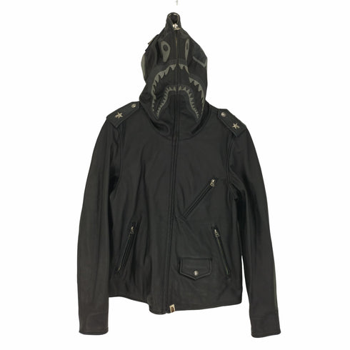 アベイシングエイプ A BATHING APE Leather Shark Full Zip Parka Single Riders Jacket 裏地カモ フルジップ シープ レザー シャーク フーデッド シングル ライダース ジャケット メンズ JPN:M