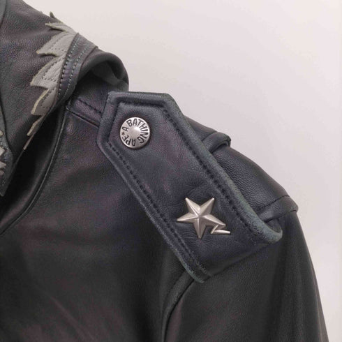 アベイシングエイプ A BATHING APE Leather Shark Full Zip Parka Single Riders Jacket 裏地カモ フルジップ シープ レザー シャーク フーデッド シングル ライダース ジャケット メンズ JPN:M