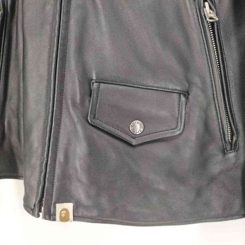 アベイシングエイプ A BATHING APE Leather Shark Full Zip Parka Single Riders Jacket 裏地カモ フルジップ シープ レザー シャーク フーデッド シングル ライダース ジャケット メンズ JPN:M