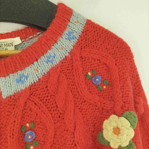 80-90s フラワーデザイン ノーカラーウールカーディガン YURIGAOKA KNIT レディース 140