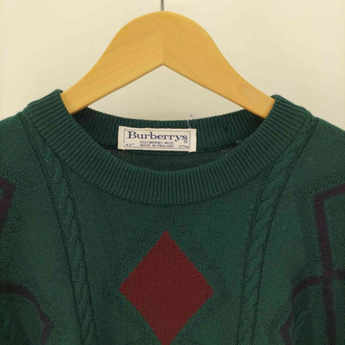 バーバリーズ BURBERRYS 90S 白タグ 英国製 MERINO WOOL エンブレム ロゴ 刺繍 ジャガード クルーネック ケーブル ニット セーター メンズ UK:42