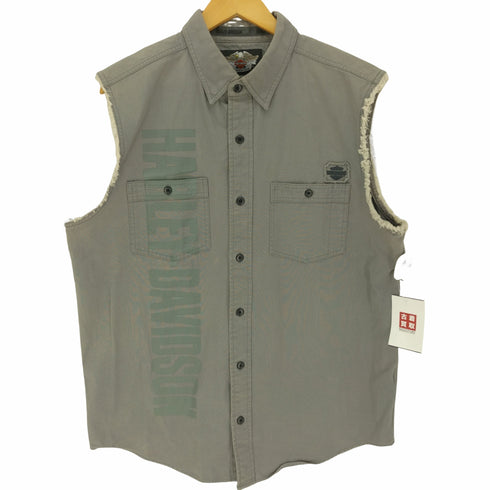 ハーレーダヴィットソン HARLEY DAVIDSON 背面 刺繍 両面プリント スリーブ カットオフ ノースリーブ ジャケット メンズ import:L