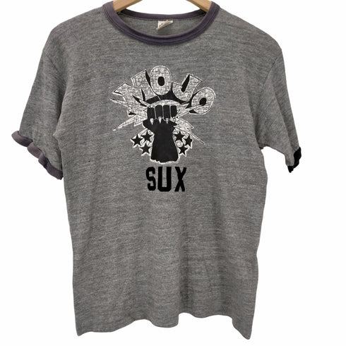 ラッセルアスレチック RUSSELL ATHLETIC USA製 金タグ 筆記体タグ MOJO SUX ラバー フロッキープリント切り替え リンガーTシャツ トリムTシャツ メンズ import:M