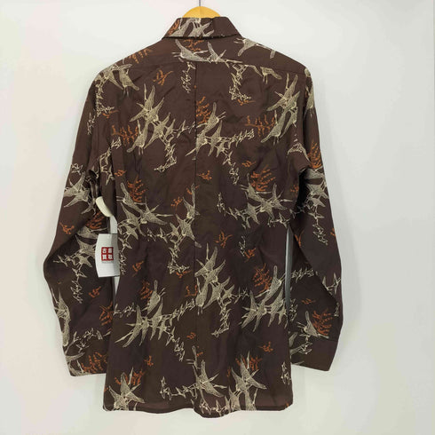 70-80S ドイツ 総柄 ラウンドカラー フラップポケット 丸襟 L/S シルク シャツ 鶴 松 レディース