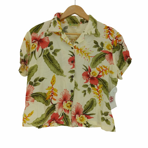 Paradise Sportwear ハワイ製 レーヨン ボタニカル 花柄 木ボタン アロハシャツ レディース import:M