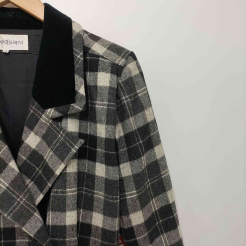 イヴサンローラン Yves Saint Laurent 80-90s ベロア切替 チェック柄 ダブルチェスターコート レディース 9A3