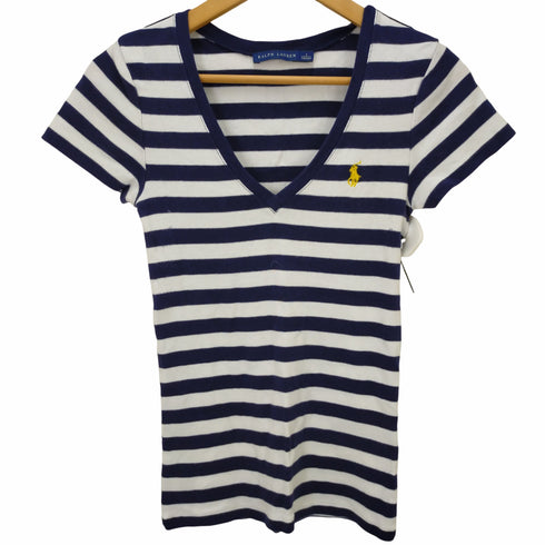 ラルフローレン RALPH LAUREN ポニー刺繍 Vネック ボーダー ショートスリーTシャツ レディース import:S