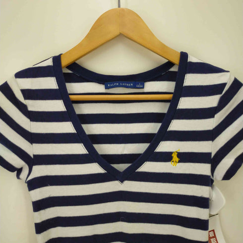ラルフローレン RALPH LAUREN ポニー刺繍 Vネック ボーダー ショートスリーTシャツ レディース import:S