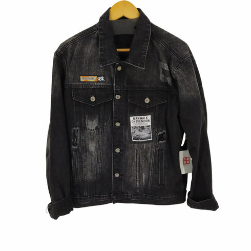 New Jeans ダメージ加工 パッチワーク 背面プリントデニムジャケット メンズ JPN:L