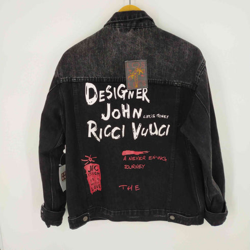New Jeans ダメージ加工 パッチワーク 背面プリントデニムジャケット メンズ JPN:L