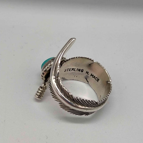 ナバホ NAVAJO STERLING H.MACE作 ターコイズストーン フェザーモチーフリング メンズ 12