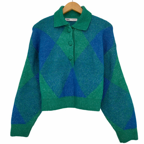 ザラ ZARA アーガイル柄 クロップドニットポロシャツ メンズ import:S