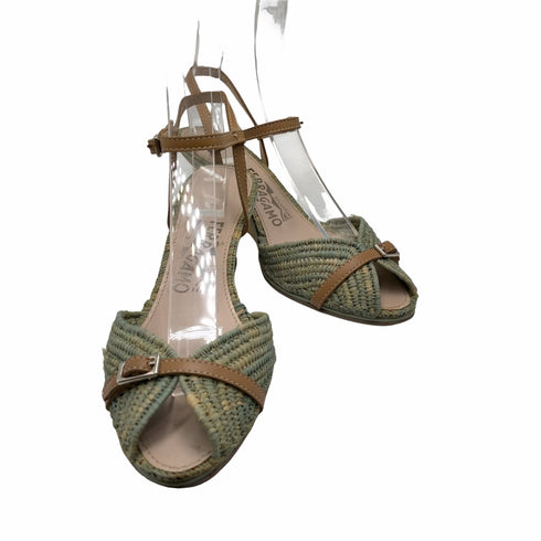 サルヴァトーレフェラガモ Salvatore Ferragamo イタリア製 レザーベルト 麦わら 編み ウェッジヒール サンダル レディース