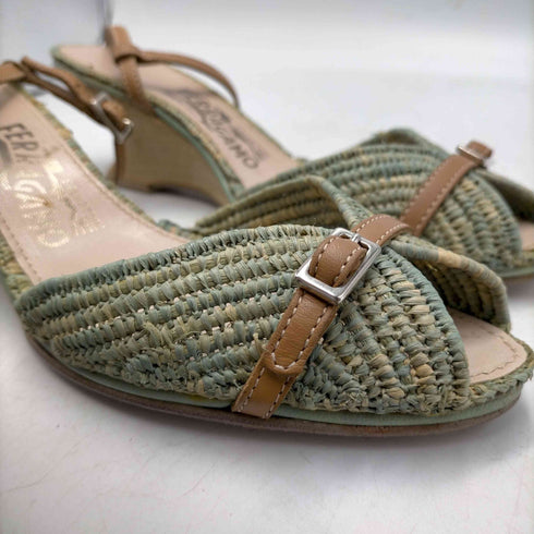 サルヴァトーレフェラガモ Salvatore Ferragamo イタリア製 レザーベルト 麦わら 編み ウェッジヒール サンダル レディース