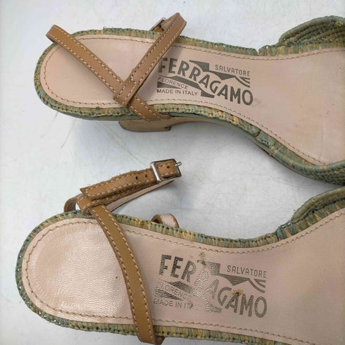 サルヴァトーレフェラガモ Salvatore Ferragamo イタリア製 レザーベルト 麦わら 編み ウェッジヒール サンダル レディース