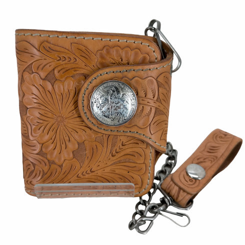 genuine hand-carved leather ウォレットチェーン付き 三つ折り財布 メンズ