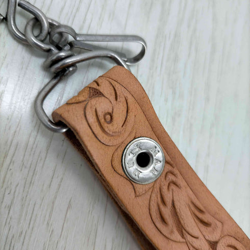 genuine hand-carved leather ウォレットチェーン付き 三つ折り財布 メンズ